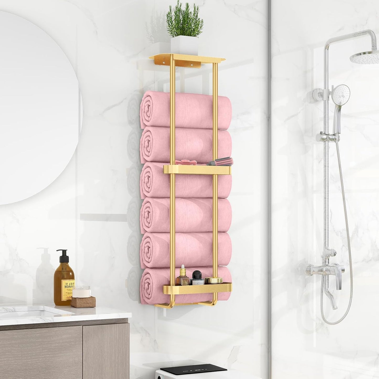 Bathroom Towel Racks with Shower Organizer with Metal Shelf, 36.4 Inch Bathroom Towel Storage, Wall Mounted, Gold
