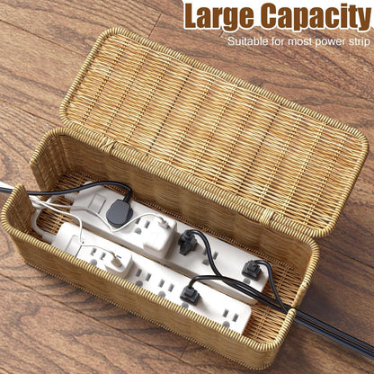 Desktop Cable Organizer With Woven Rattan-style Cord And A Covered Power Stripsocket Box