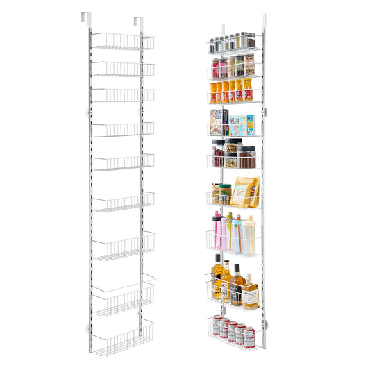 Over the Door Pantry Organizer, 9-Tier Pantry Organization and Storage, Heavy-Duty Steel Hanging Spice Rack, Adjustable Wall Seasoning Shelves, for Home Kitchen Laundry Room Bathroom, White