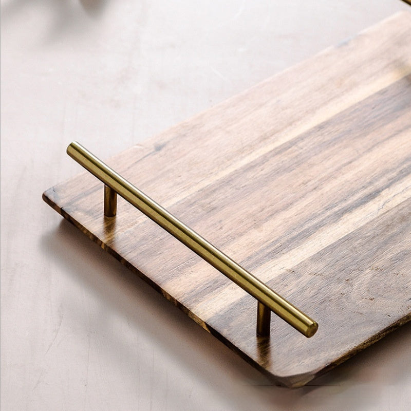 Metal Handle Rectangular Wooden Tray