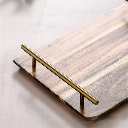 Metal Handle Rectangular Wooden Tray