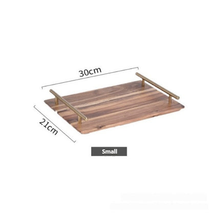Metal Handle Rectangular Wooden Tray
