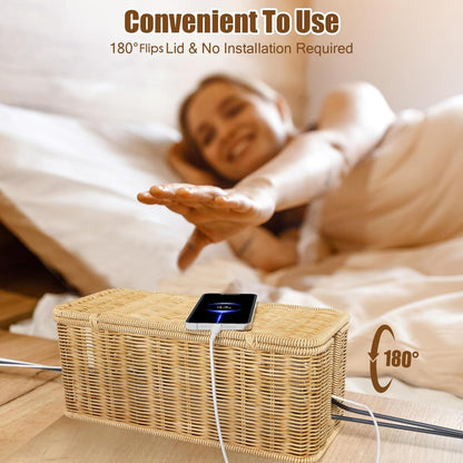 Desktop Cable Organizer With Woven Rattan-style Cord And A Covered Power Stripsocket Box