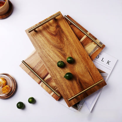 Metal Handle Rectangular Wooden Tray